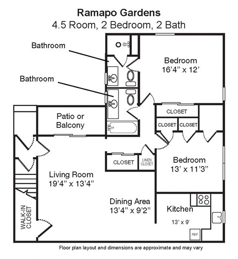 Floor plan for 2 beds, 2 baths